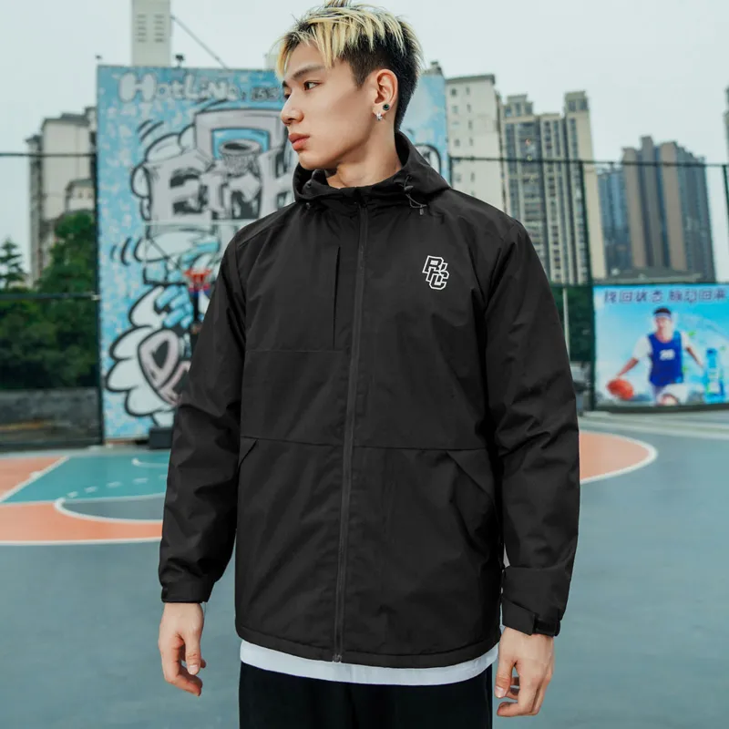 BKCXZICE Puffer Jacket With Fleece Lining Windproof Sports Coat Waterproof Cotton Clothing Trendy Unisex Black-2