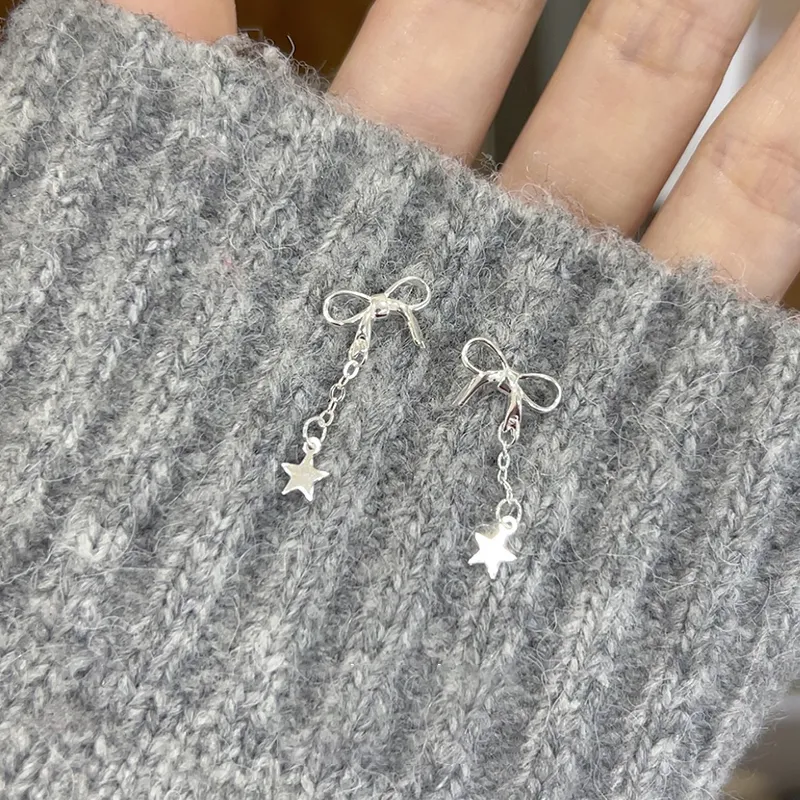 Silver S925 Silver Bowknot Stud Earrings Women's Stars Pendant Earrings-2
