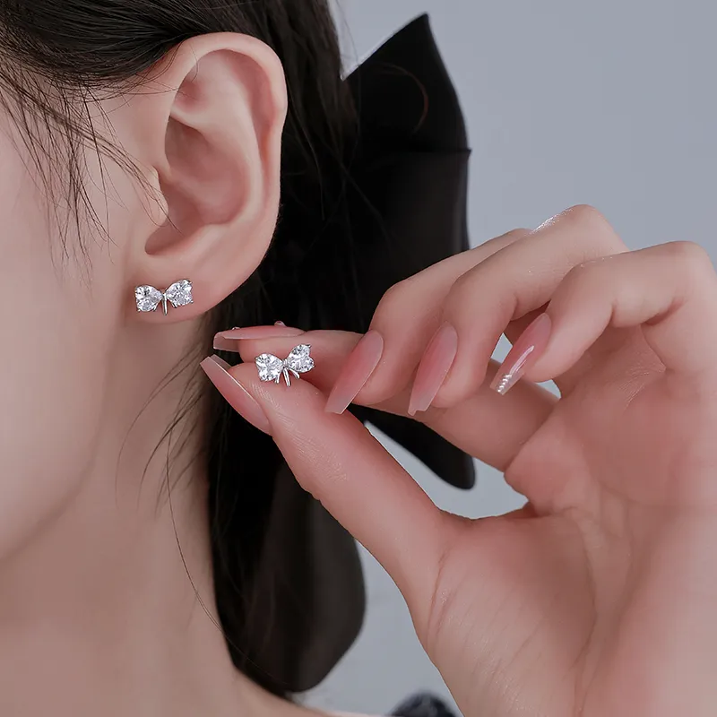 Silver 925 Sterling Silver Bowknot Stud Earrings Women's Silver-3