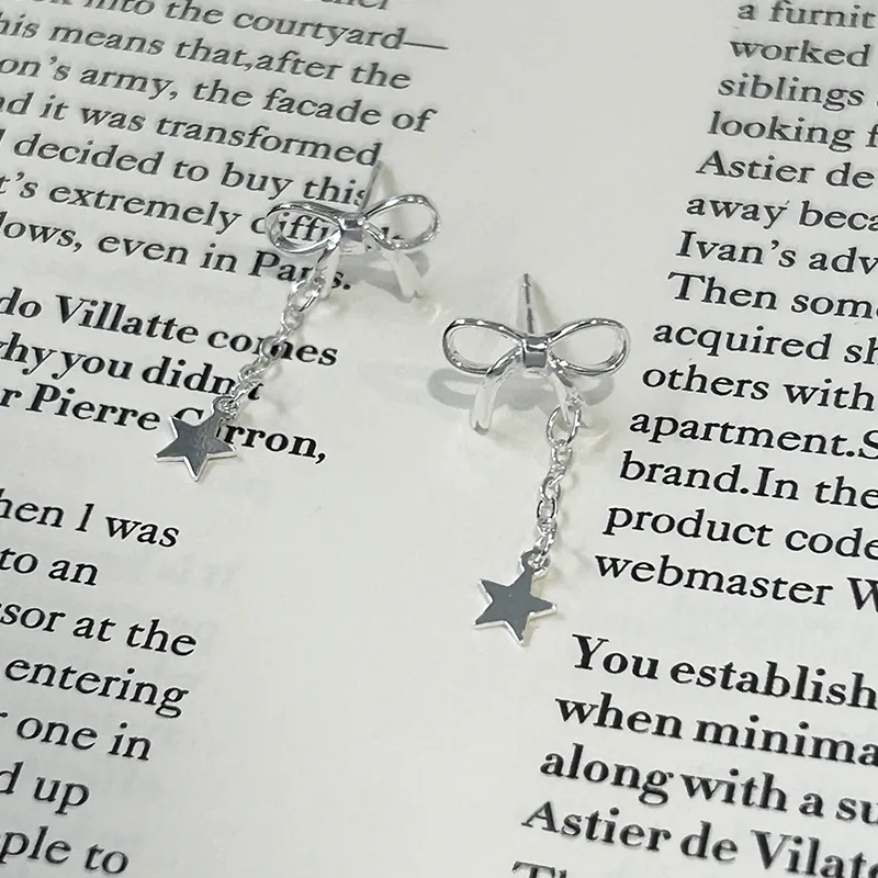Silver S925 Silver Bowknot Stud Earrings Women's Stars Pendant Earrings-5