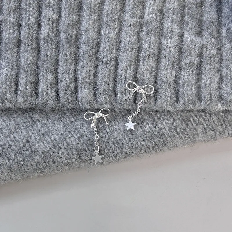 Silver S925 Silver Bowknot Stud Earrings Women's Stars Pendant Earrings-4