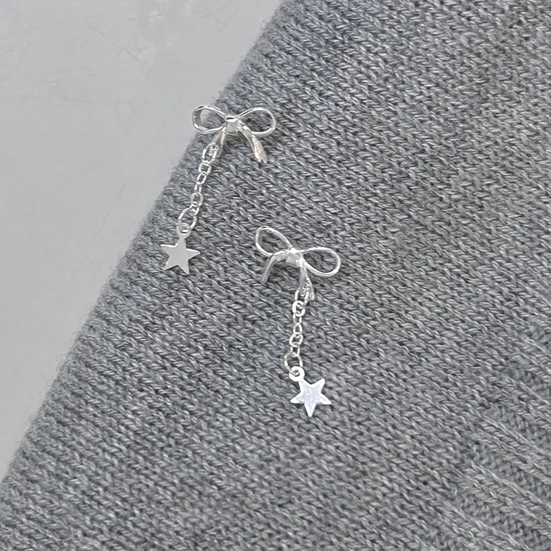 Silver S925 Silver Bowknot Stud Earrings Women's Stars Pendant Earrings-3