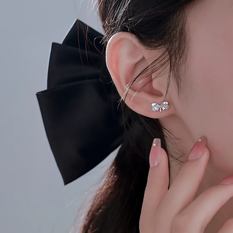 Silver 925 Sterling Silver Bowknot Stud Earrings Women's Silver-4