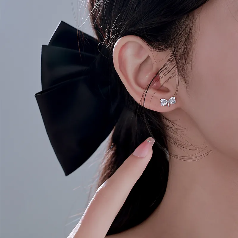 Silver 925 Sterling Silver Bowknot Stud Earrings Women's Silver-2