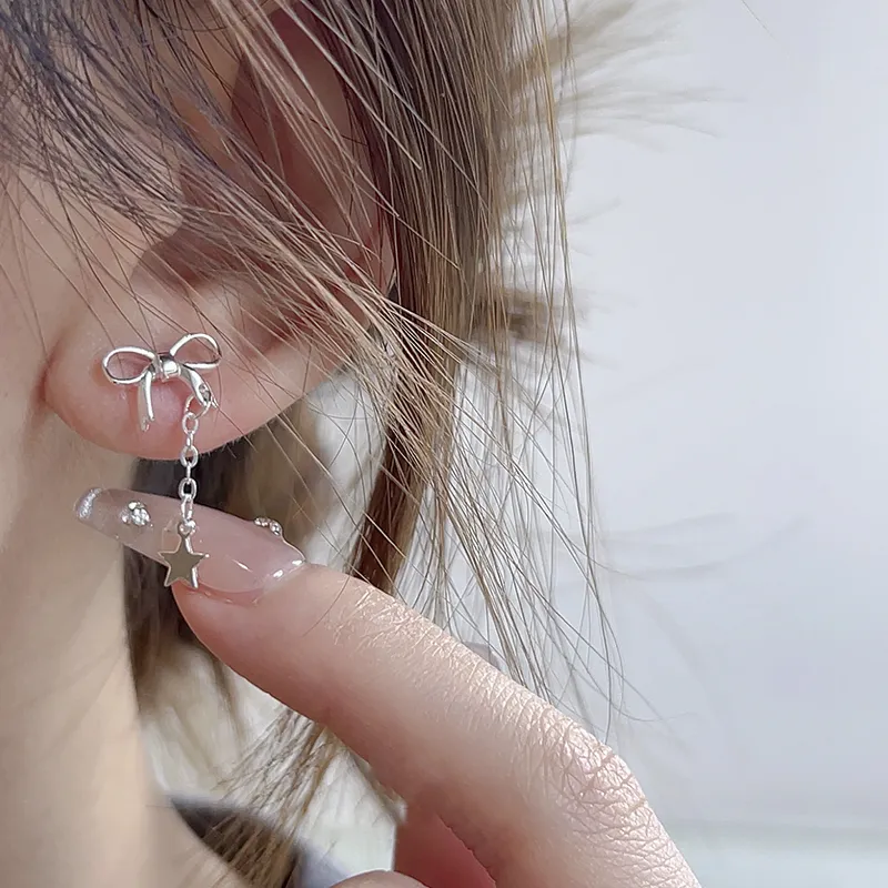 Silver S925 Silver Bowknot Stud Earrings Women's Stars Pendant Earrings-1
