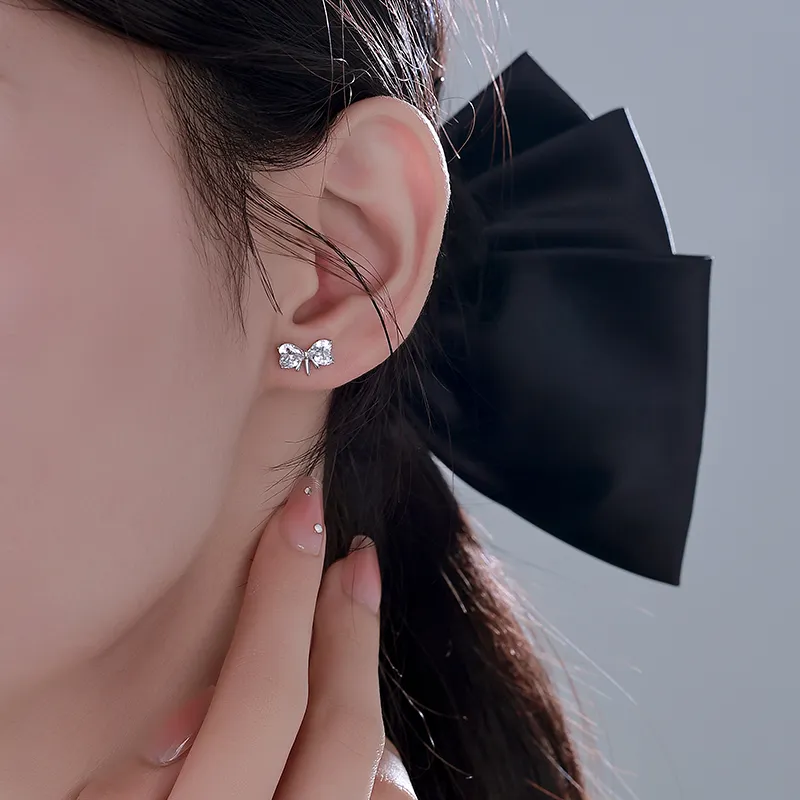 Silver 925 Sterling Silver Bowknot Stud Earrings Women's Silver-5