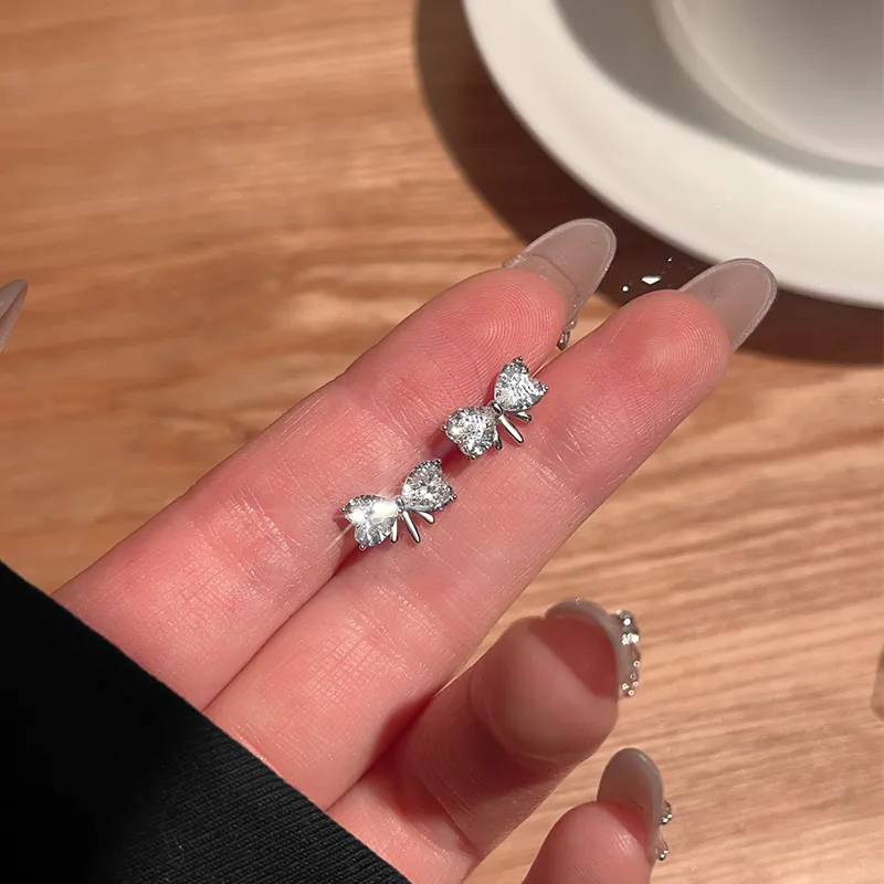Silver 925 Sterling Silver Bowknot Stud Earrings Women's Silver-6