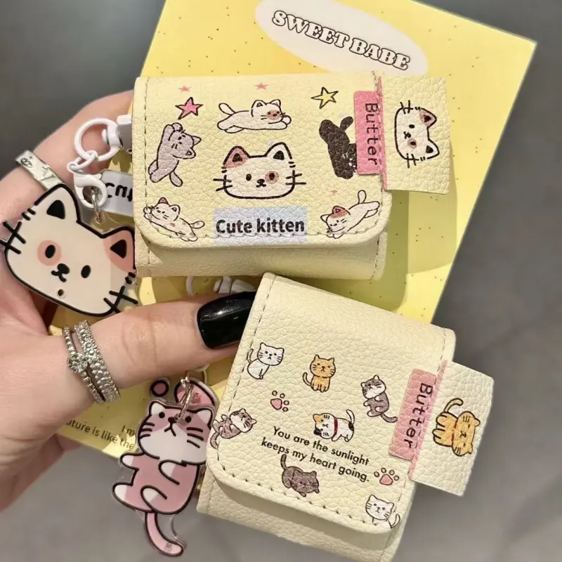 Beams Compatibility Airpods3/Pro/Pro2 Leather Cute Cartoon Kitten Impact Resistant Headphone Cases-5