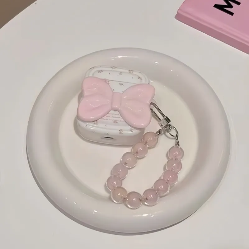 Beams Compatibility Airpods4/3/Pro/Pro2 Silicone Ins Cute Girlish 3D Effect Pink Bowknot Floral Chain Headphone Cases-5
