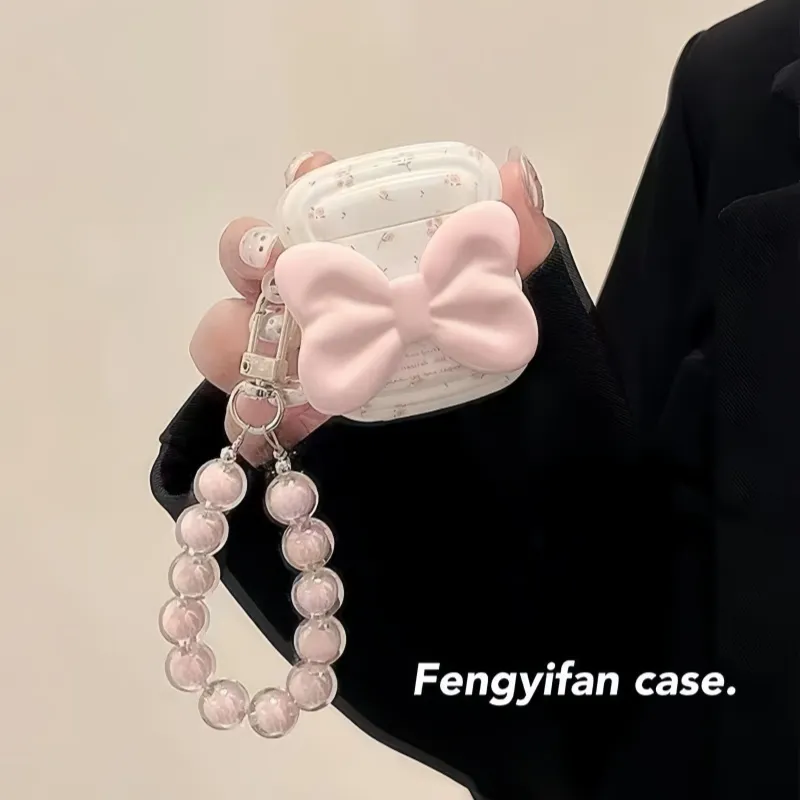 Beams Compatibility Airpods4/3/Pro/Pro2 Silicone Ins Cute Girlish 3D Effect Pink Bowknot Floral Chain Headphone Cases-1