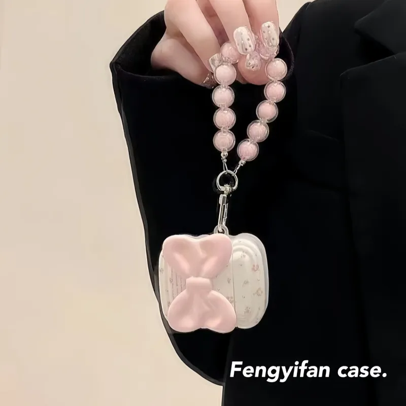 Beams Compatibility Airpods4/3/Pro/Pro2 Silicone Ins Cute Girlish 3D Effect Pink Bowknot Floral Chain Headphone Cases-4