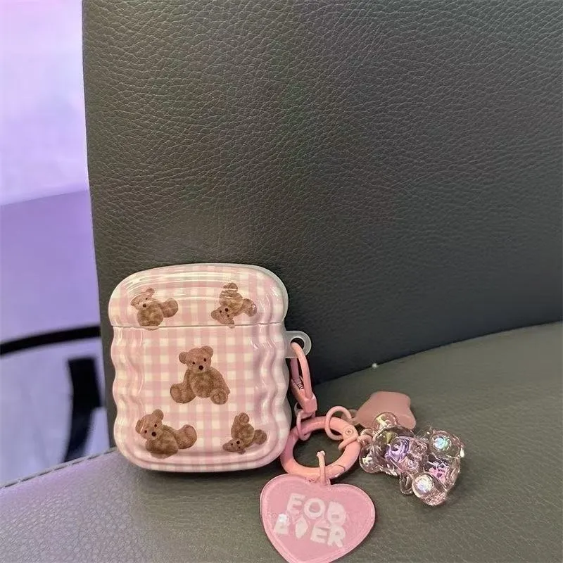 Beams Compatibility Airpods3/Pro/Pro2 Silicone Ins Pink Grid Pattern Girlish Heart Bear Headphone Cases-1