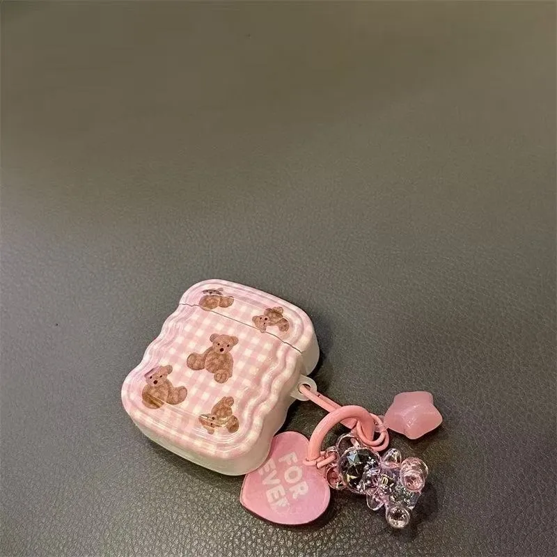 Beams Compatibility Airpods3/Pro/Pro2 Silicone Ins Pink Grid Pattern Girlish Heart Bear Headphone Cases-3
