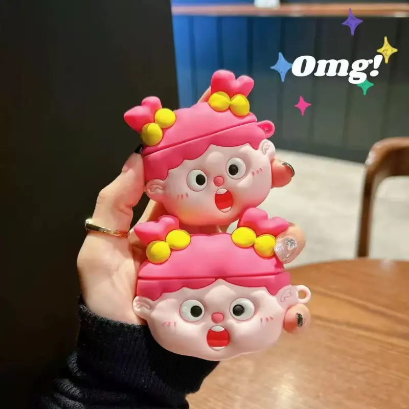 Beams Compatibility Airpods4/3/Pro/Pro2 Silicone Cartoon Cute Girly Pink Hair Girl Headphone Cases-2