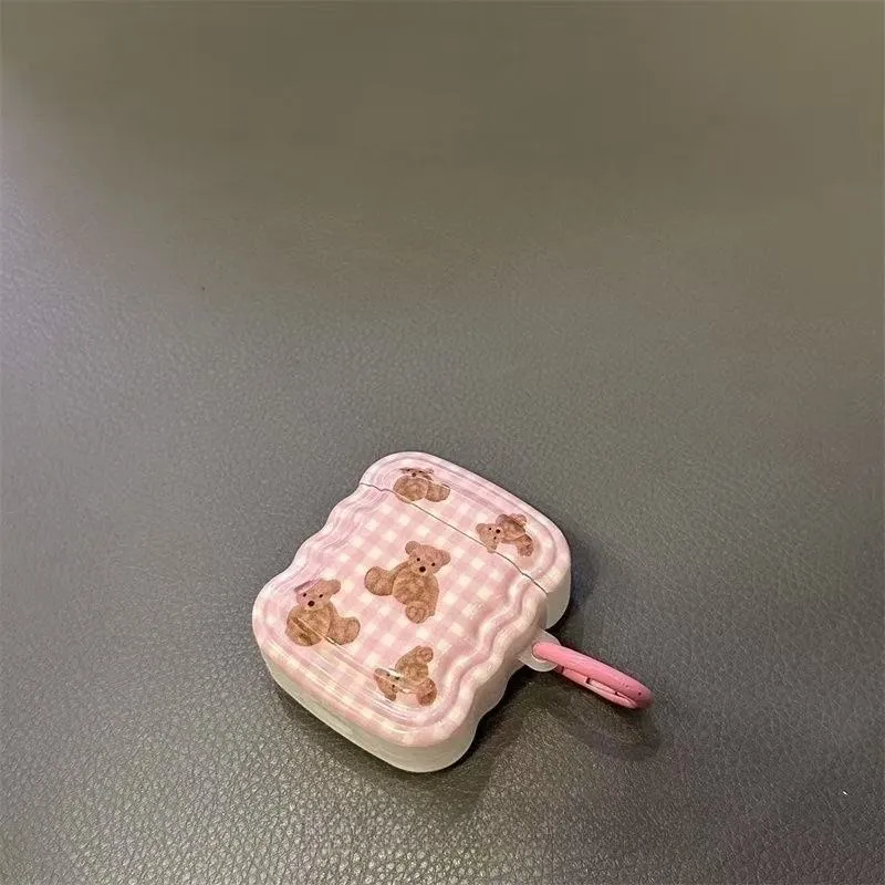 Beams Compatibility Airpods3/Pro/Pro2 Silicone Ins Pink Grid Pattern Girlish Heart Bear Headphone Cases-2