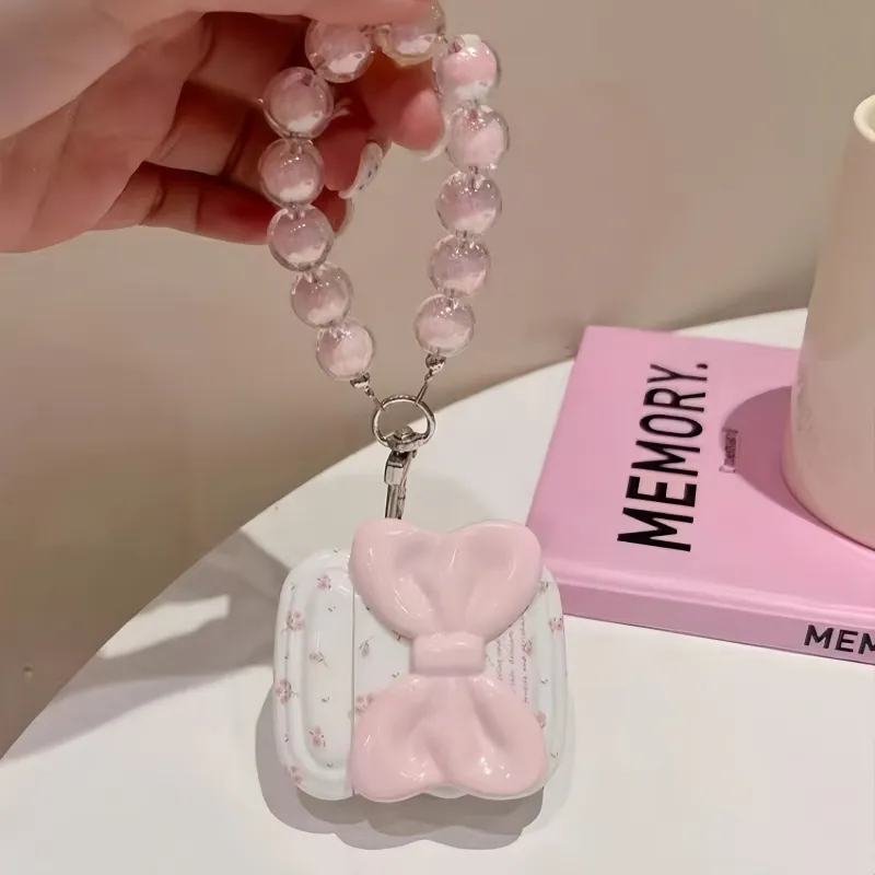 Beams Compatibility Airpods4/3/Pro/Pro2 Silicone Ins Cute Girlish 3D Effect Pink Bowknot Floral Chain Headphone Cases-2