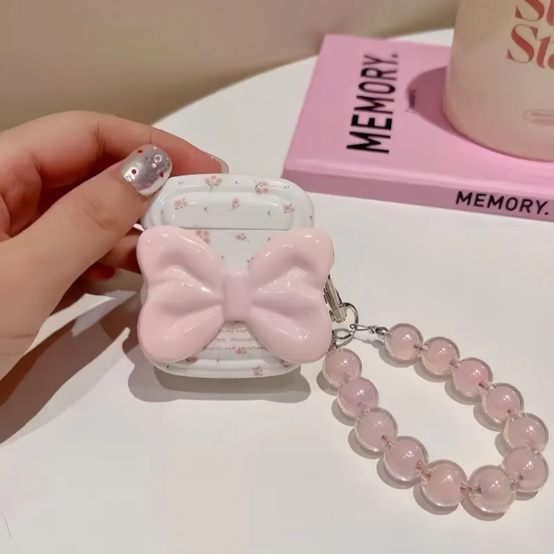 Beams Compatibility Airpods4/3/Pro/Pro2 Silicone Ins Cute Girlish 3D Effect Pink Bowknot Floral Chain Headphone Cases-3
