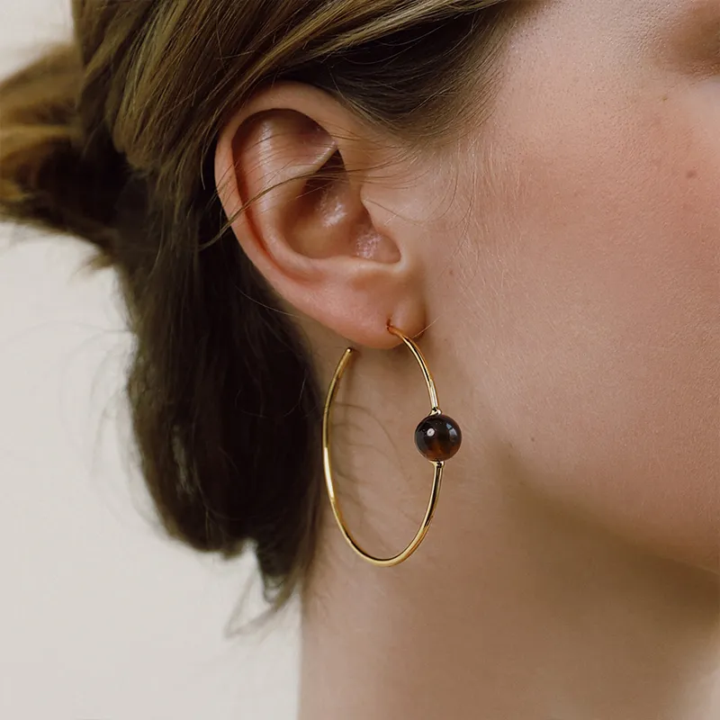 LELOUP 18K Gold-Plated Copper 925 Sterling Silver Gold-Plated Ear Stud Tiger Eye Earrings Women's-3
