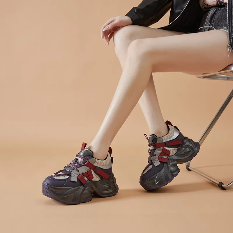 Kuding Wear-Resistant Breathable Height Increasing Low-Top Chunky Sneakers Women's-5