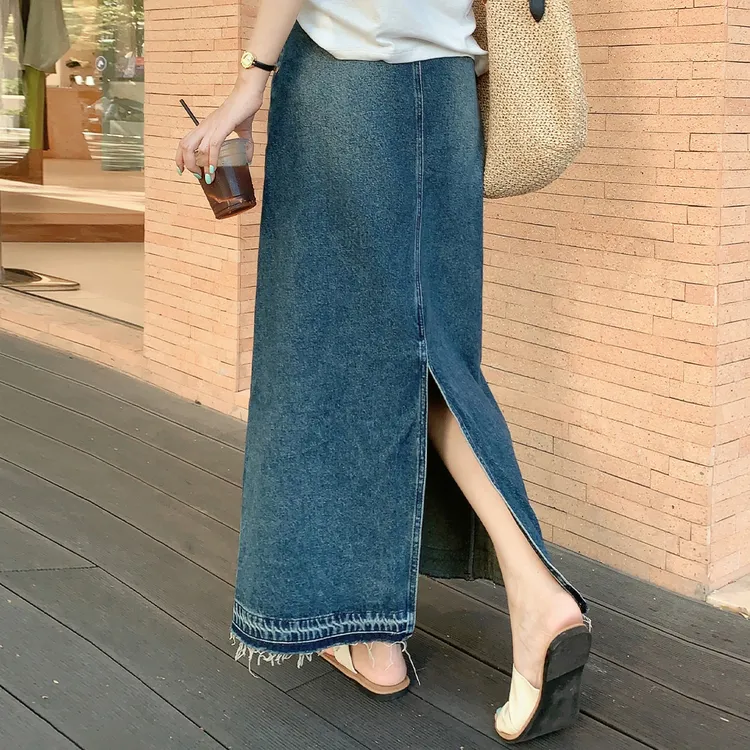 MEIYANG Denim Long Skirts Women's Denim Blue-3