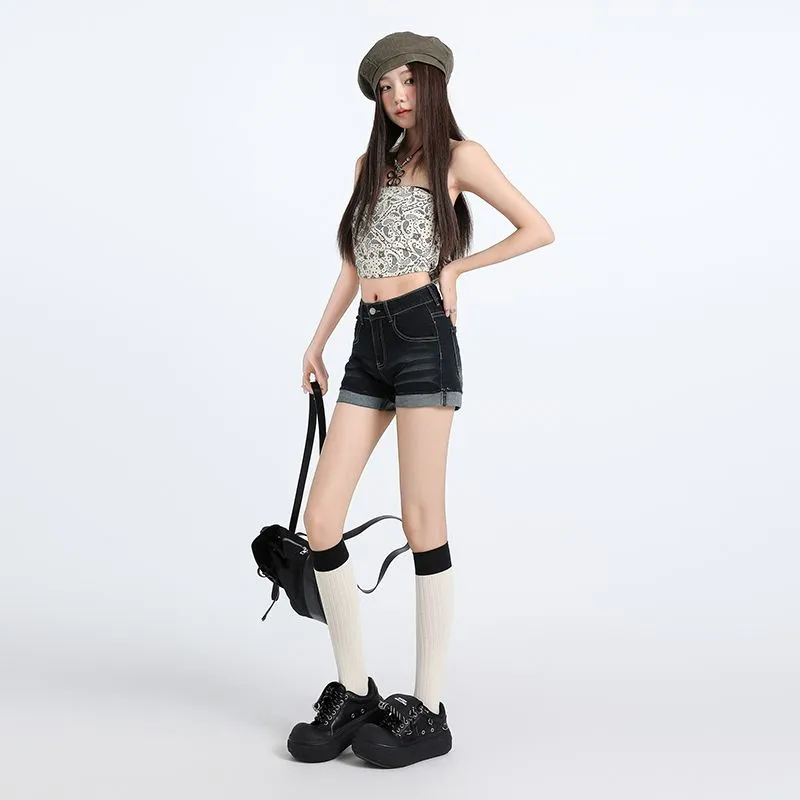 NVRFRGT Denim Shorts Women's Navy Black-1