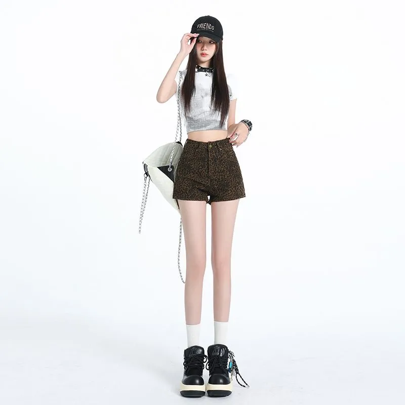 NVRFRGT Denim Shorts Women's Leopard Print-1