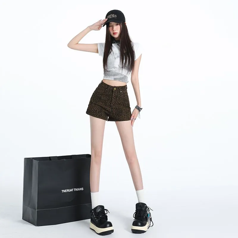 NVRFRGT Denim Shorts Women's Leopard Print-2