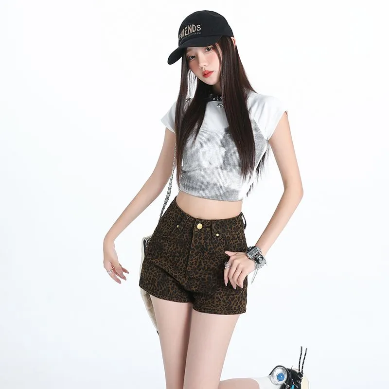 NVRFRGT Denim Shorts Women's Leopard Print-4