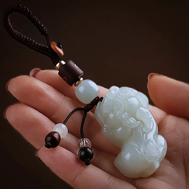 AQI Hetian Jade Keychain Pale Greenish White Jade Unisex-5