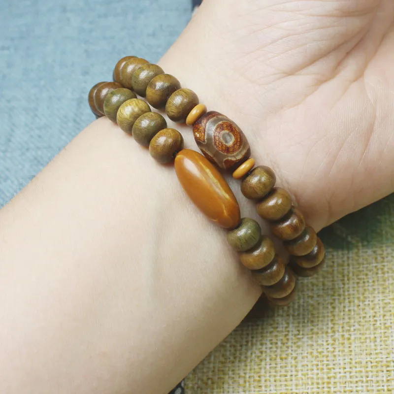 LOVEYOU PAI Green Sandalwood Double Circle Beaded Bracelet Unisex-1