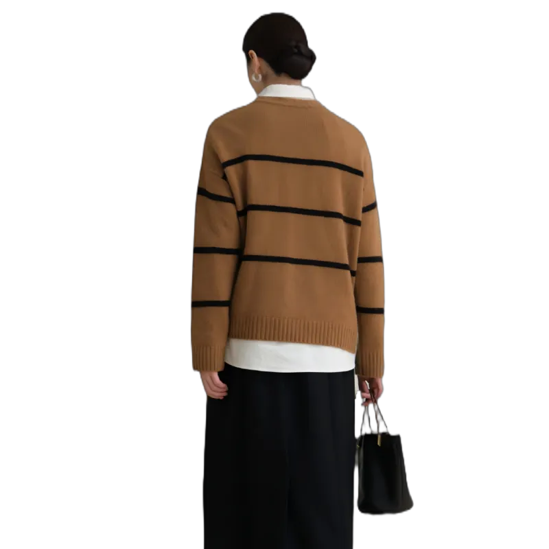 Journey Originals Cashmere Sweater Women's Brown Base With Black Stripes-1