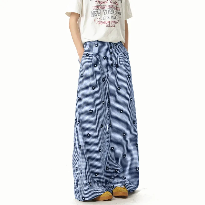 FASTFISH Casual Pants Unisex Blue Plaid-1