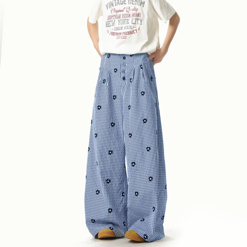 FASTFISH Casual Pants Unisex Blue Plaid-3