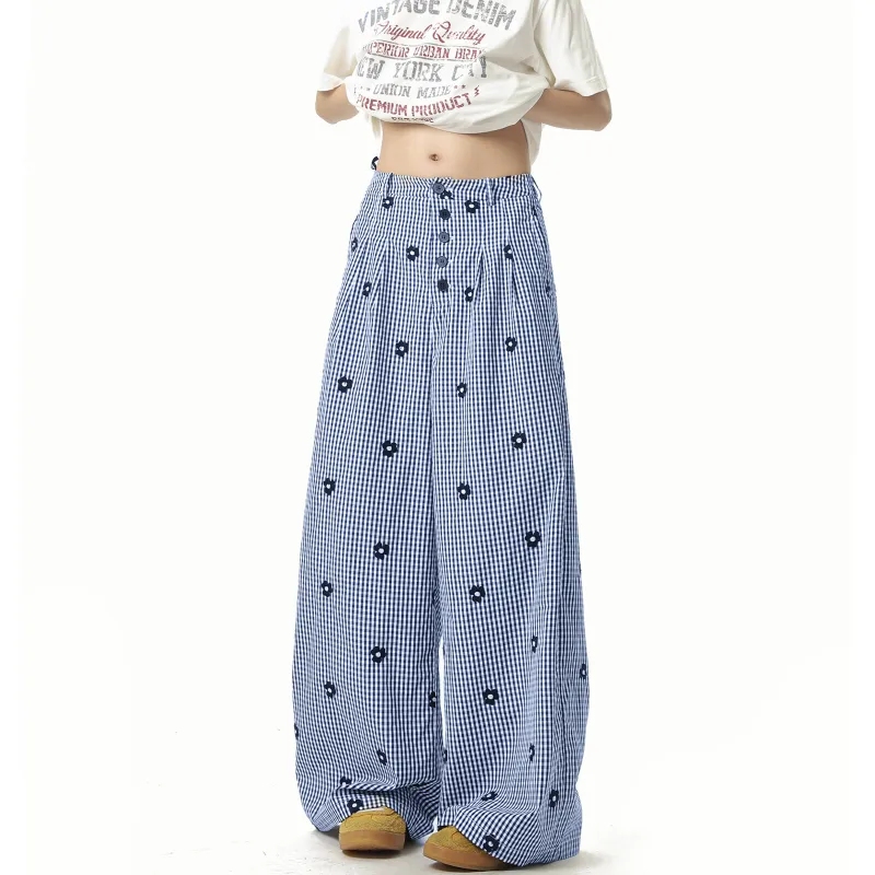 FASTFISH Casual Pants Unisex Blue Plaid-4