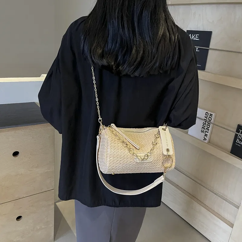 DCLOUD Straw Woven Shoulder Bag Women's Multicolor White/Brown/Ecru/Khaki-15