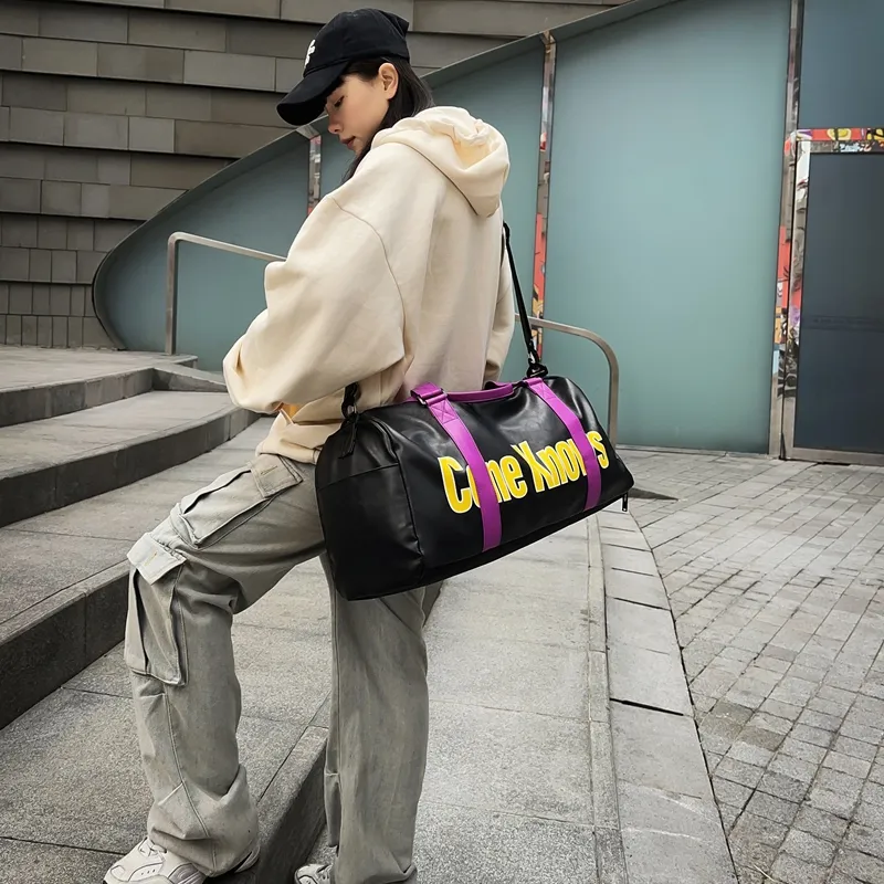 DCLOUD PU Gym Bag Large Size Unisex Black Multicolor/Black Purple/Black White-10