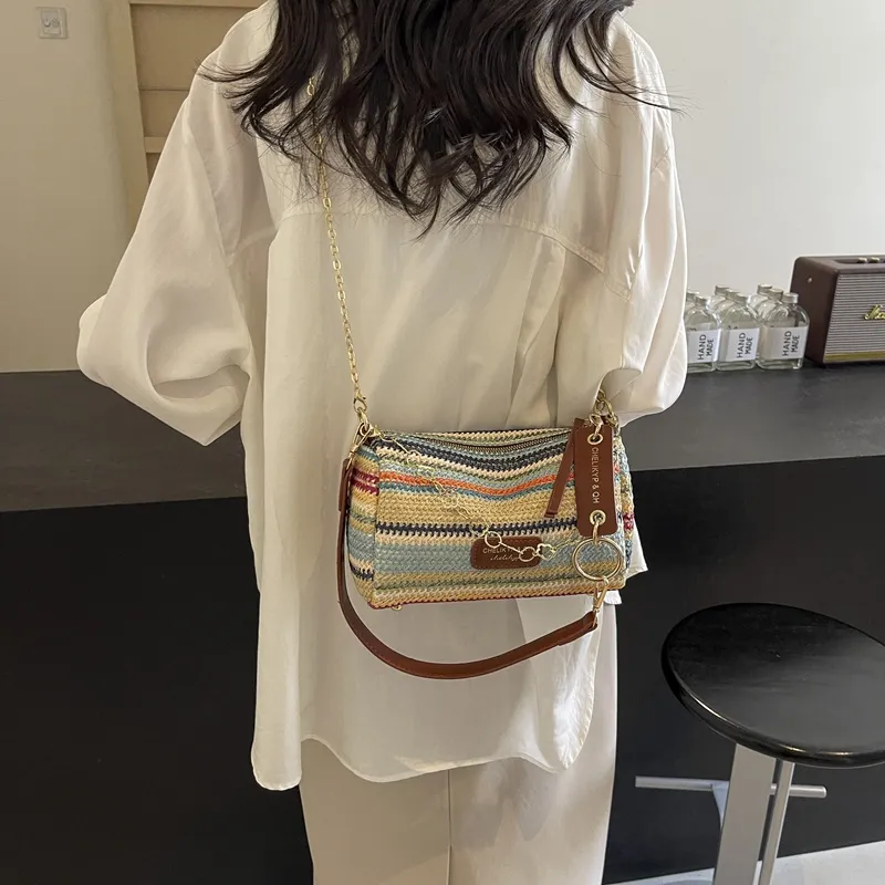 DCLOUD Straw Woven Shoulder Bag Women's Multicolor White/Brown/Ecru/Khaki-10