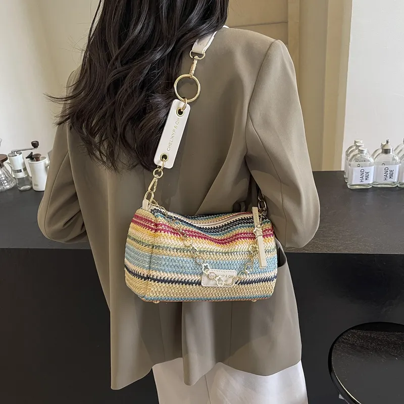 DCLOUD Straw Woven Shoulder Bag Women's Multicolor White/Brown/Ecru/Khaki-4