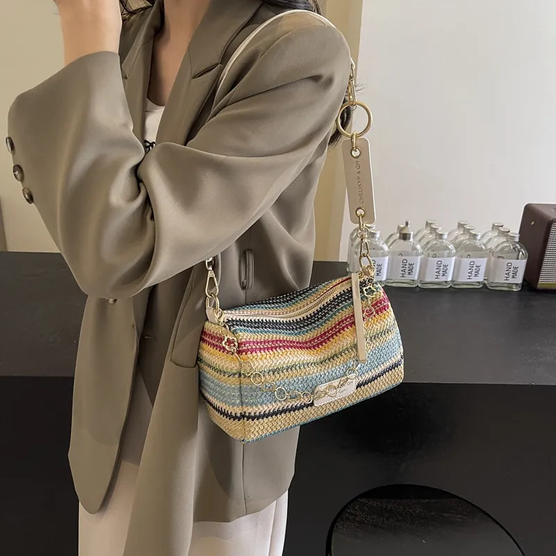 DCLOUD Straw Woven Shoulder Bag Women's Multicolor White/Brown/Ecru/Khaki-5