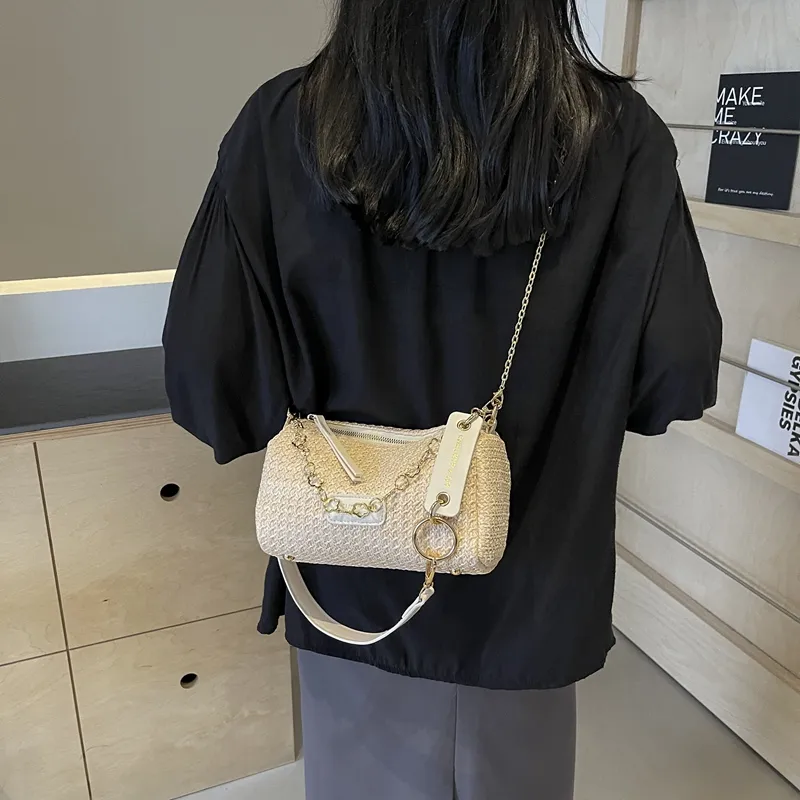 DCLOUD Straw Woven Shoulder Bag Women's Multicolor White/Brown/Ecru/Khaki-17