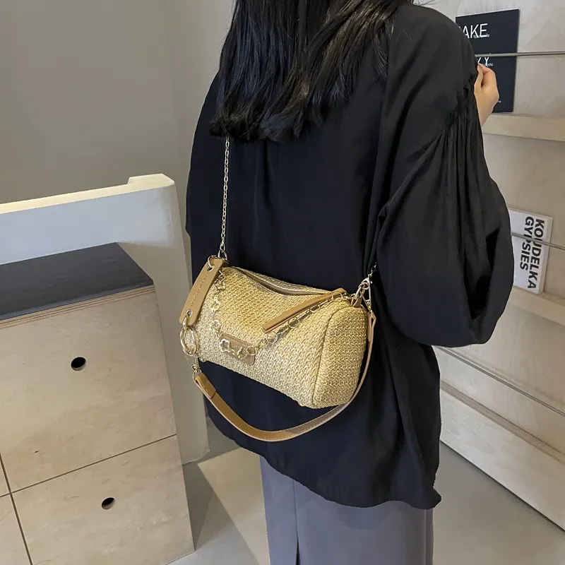 DCLOUD Straw Woven Shoulder Bag Women's Multicolor White/Brown/Ecru/Khaki-22