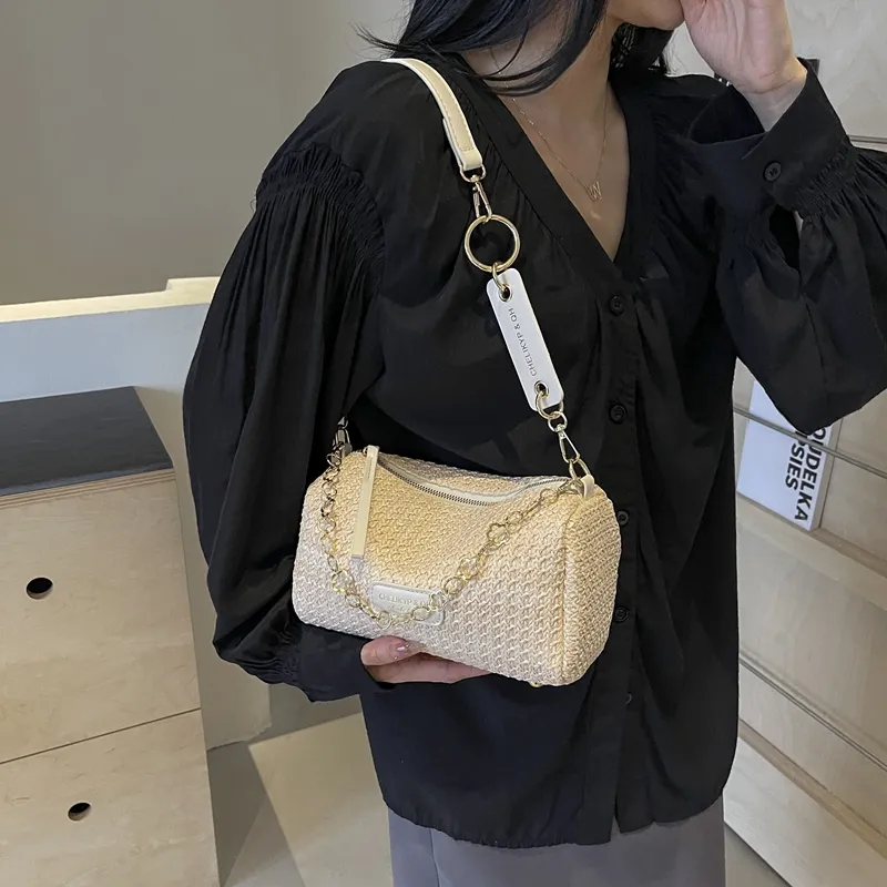 DCLOUD Straw Woven Shoulder Bag Women's Multicolor White/Brown/Ecru/Khaki-19