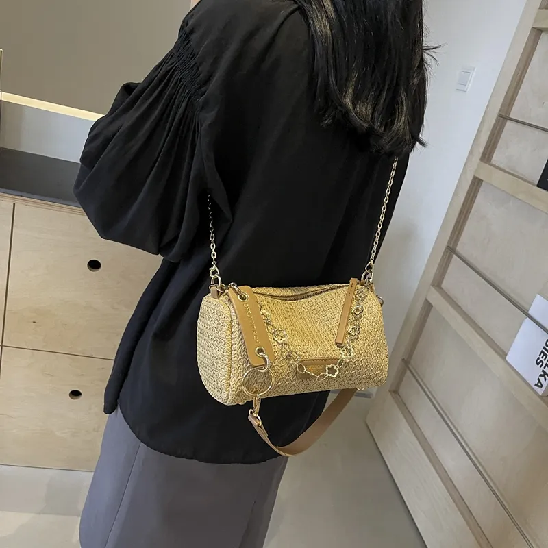 DCLOUD Straw Woven Shoulder Bag Women's Multicolor White/Brown/Ecru/Khaki-24