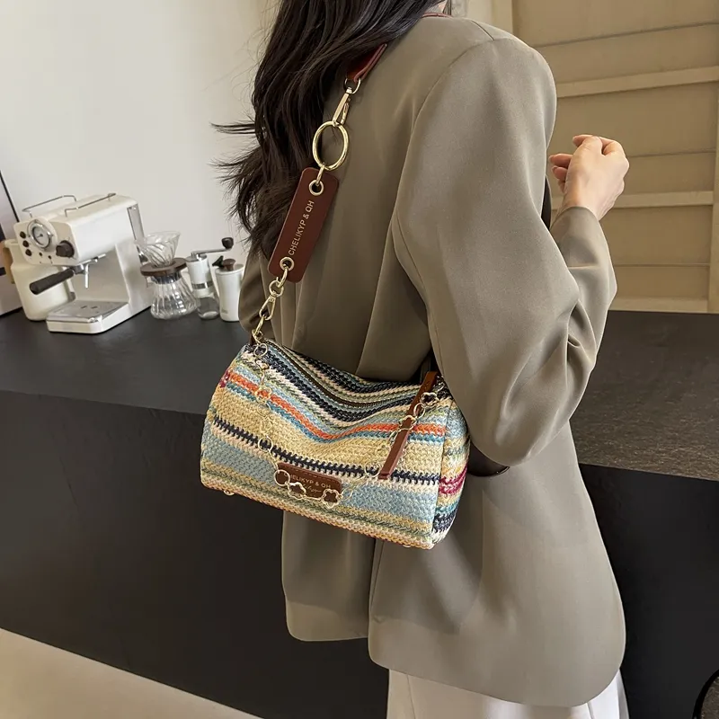 DCLOUD Straw Woven Shoulder Bag Women's Multicolor White/Brown/Ecru/Khaki-12