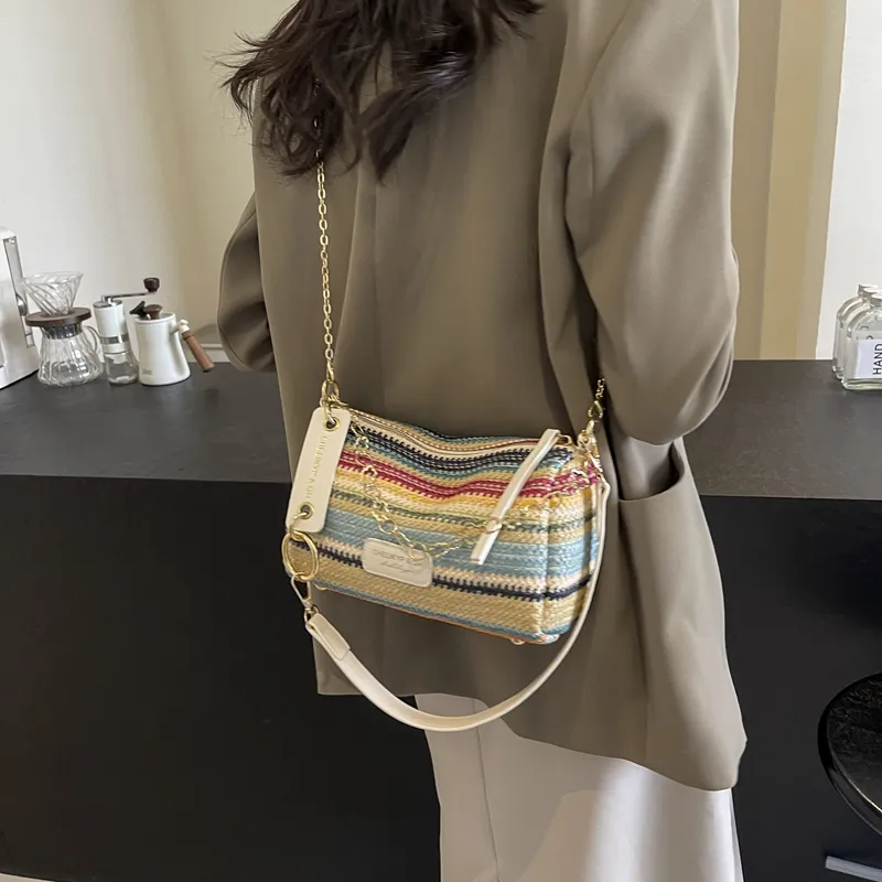DCLOUD Straw Woven Shoulder Bag Women's Multicolor White/Brown/Ecru/Khaki-1