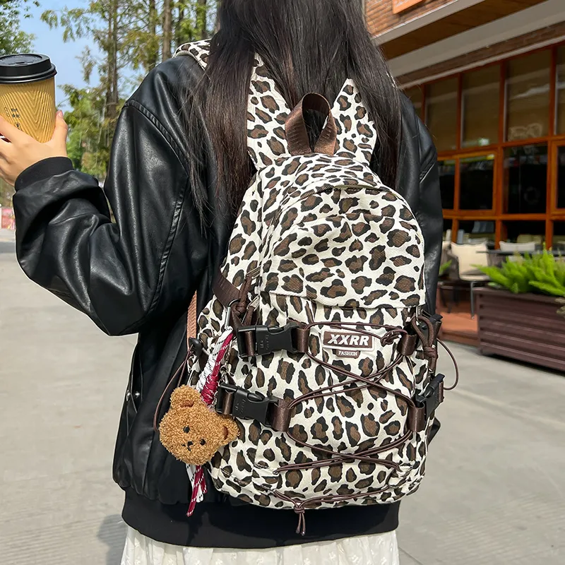 DCLOUD Canvas Backpack Women's Brown Leopard Print/Beige Leopard Print-7