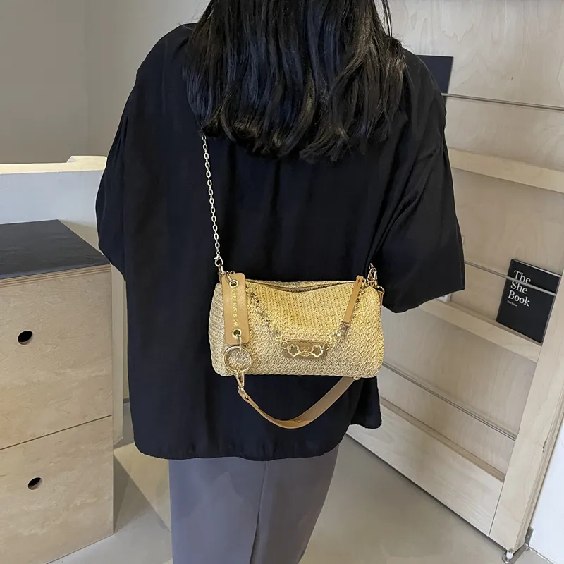 DCLOUD Straw Woven Shoulder Bag Women's Multicolor White/Brown/Ecru/Khaki-23