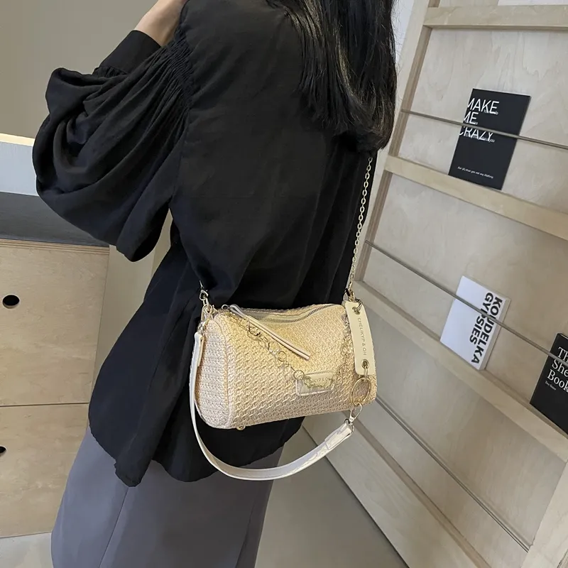 DCLOUD Straw Woven Shoulder Bag Women's Multicolor White/Brown/Ecru/Khaki-16