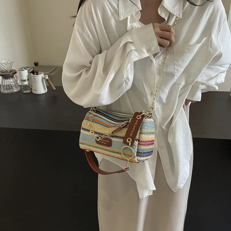 DCLOUD Straw Woven Shoulder Bag Women's Multicolor White/Brown/Ecru/Khaki-8