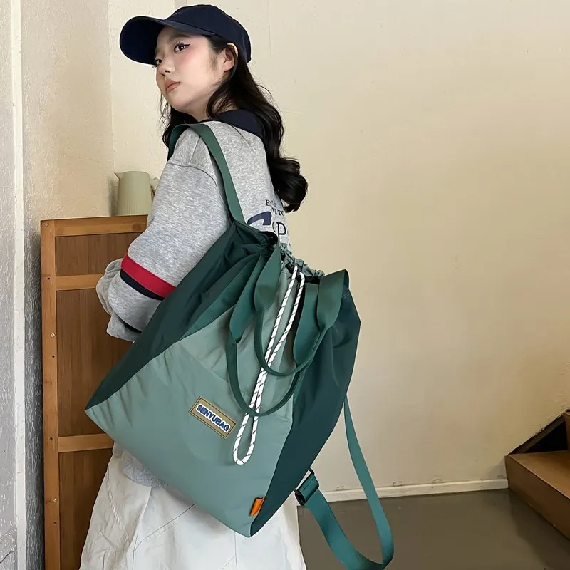 DCLOUD Nylon Fabric Double Shoulder Handbag, Shoulder Bag Unisex Ecru Khaki & Green & Black & Black Blue Multicolor-6